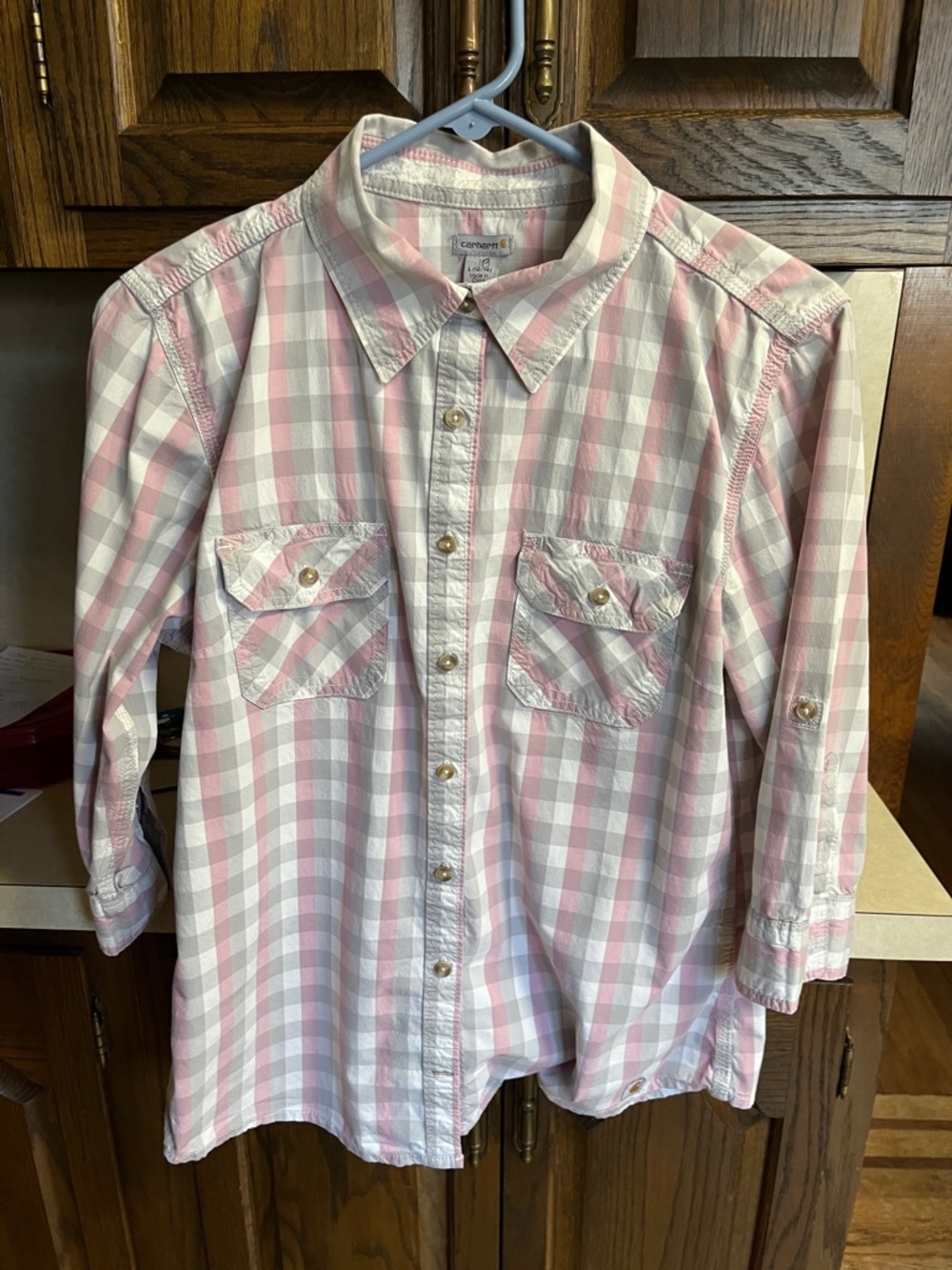 Carhartt Women's Huron Roll-Up 3/4 Sleeve Plaid Shirt - Pink/Cream Size L 12/14